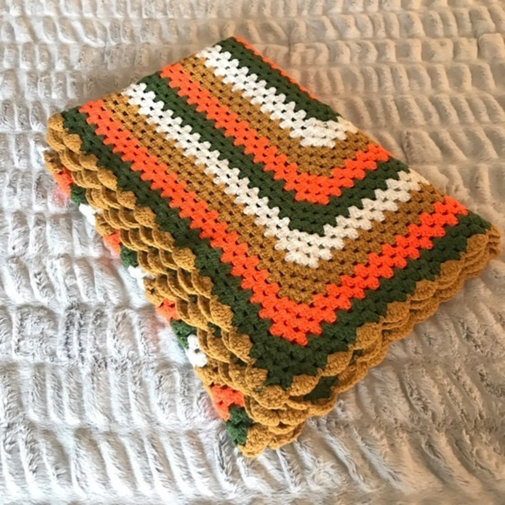 Afghan Crochet Knit Orange White Green Beige Blanket Throw 46"x68"